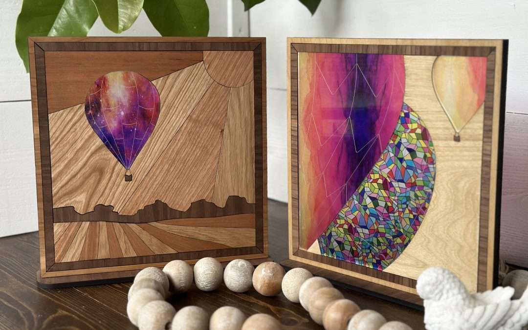 Hot Air Balloon Wood Marquetry with Acrylic Accents, Shelf Sitter or Wall Sign Art