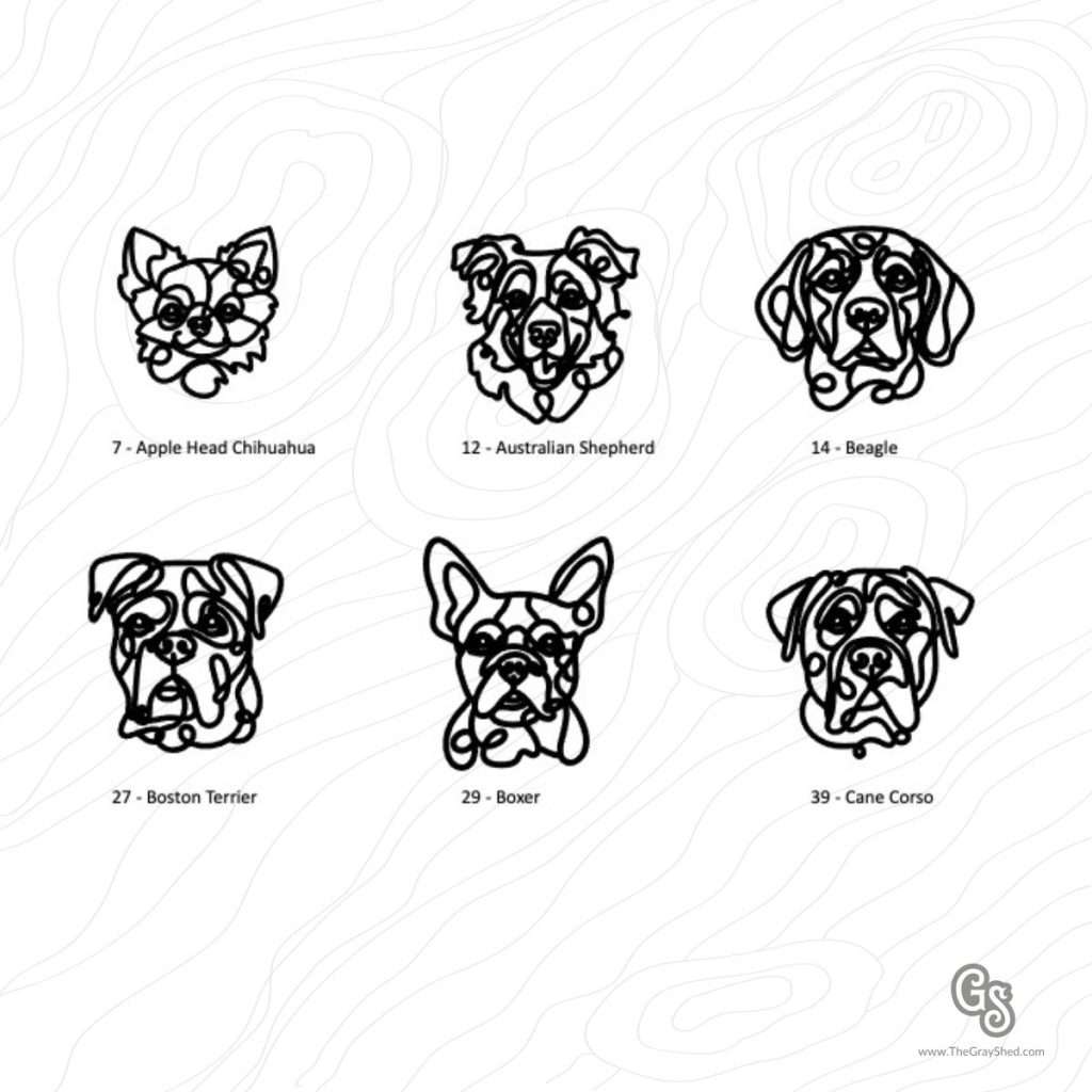 Engraved wooden dog breed keychains featuring Apple Head Chihuahua, Australian Shepherd, Beagle, Boston Terrier, Boxer, and Cane Corso designs.