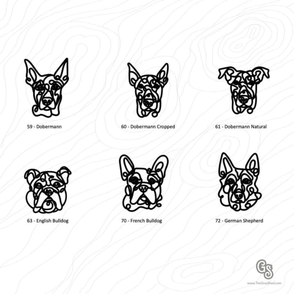 Wooden engraved dog breed keychains featuring Dobermann, Dobermann Cropped, Dobermann Natural, English Bulldog, French Bulldog, and German Shepherd.