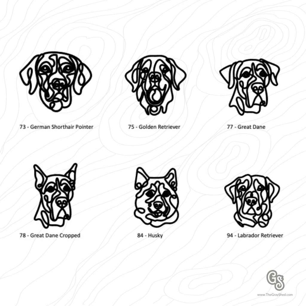 Wooden dog breed keychains featuring German Shorthair Pointer, Golden Retriever, Great Dane, Great Dane Cropped, Husky, and Labrador Retriever.