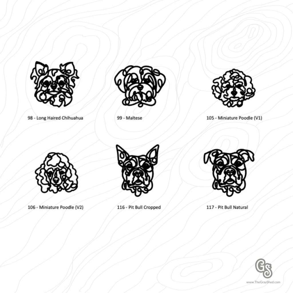 Wooden engraved dog breed keychains featuring Long Haired Chihuahua, Maltese, Miniature Poodle, Pit Bull Cropped, and Pit Bull Natural designs.