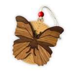 Handmade layered wood butterfly ornament, straight-on view, artisan crafted