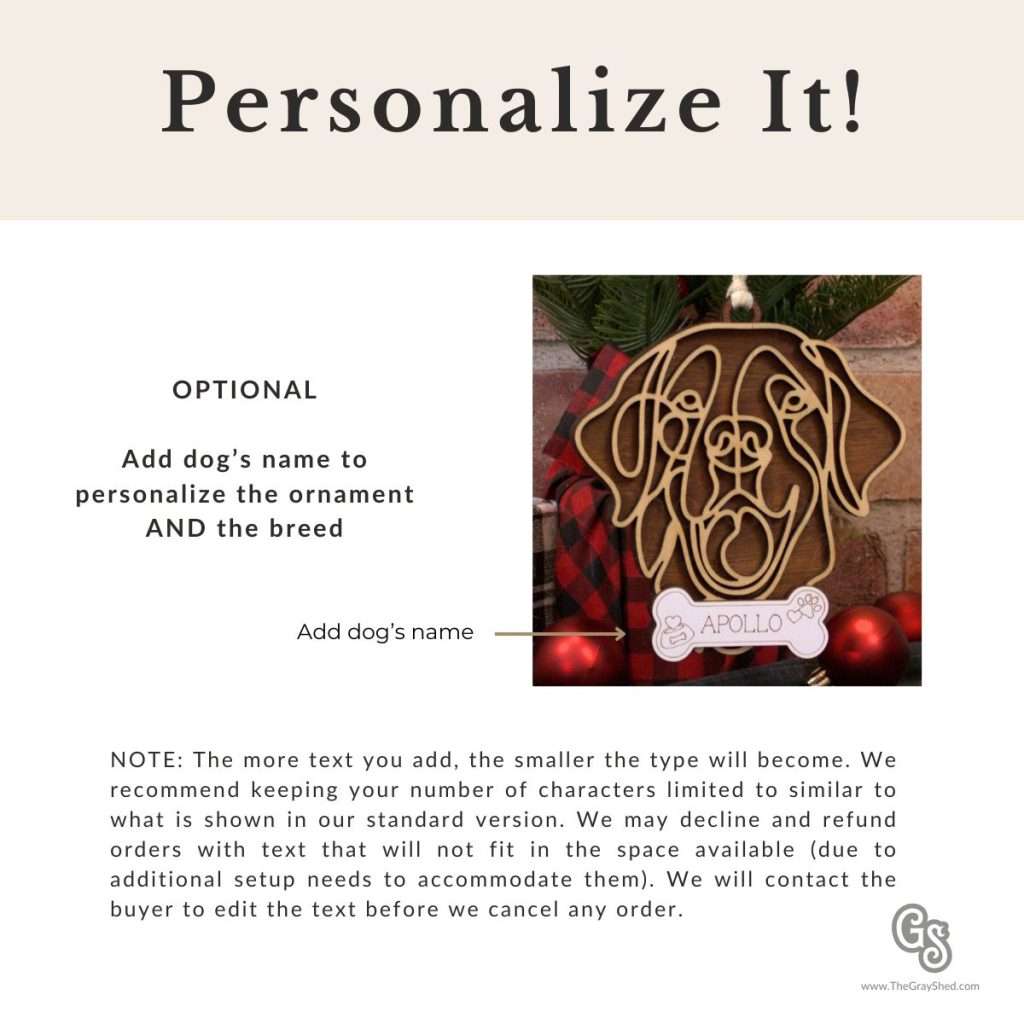 Shows details for personalizing dog breed ornament