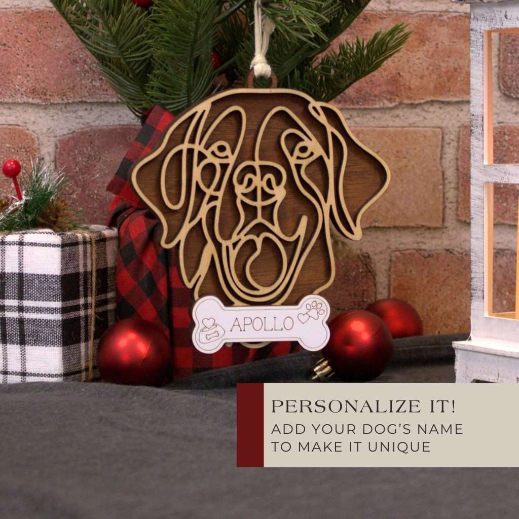 Personalized dog breed ornament example, shows Golden Retriever option with Apollo as the pet name.