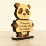 Angled view of layered hardwood emotional support panda showing wood species detail and construction