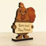 Angled view of layered hardwood emotional support rooster showing wood species detail and construction