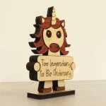 Angled view of layered hardwood emotional support unicorn showing wood species detail and construction