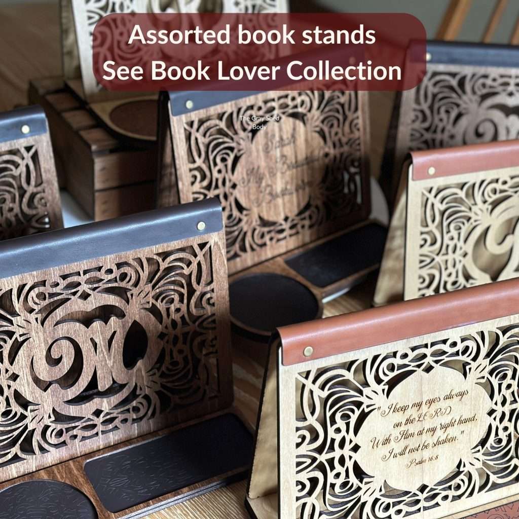 Group photo of book valet front design options and labeled that these can be found in our Book Lover Collection. It shows the monogram front, a few options on the engraved front and the dark and light stains in use.