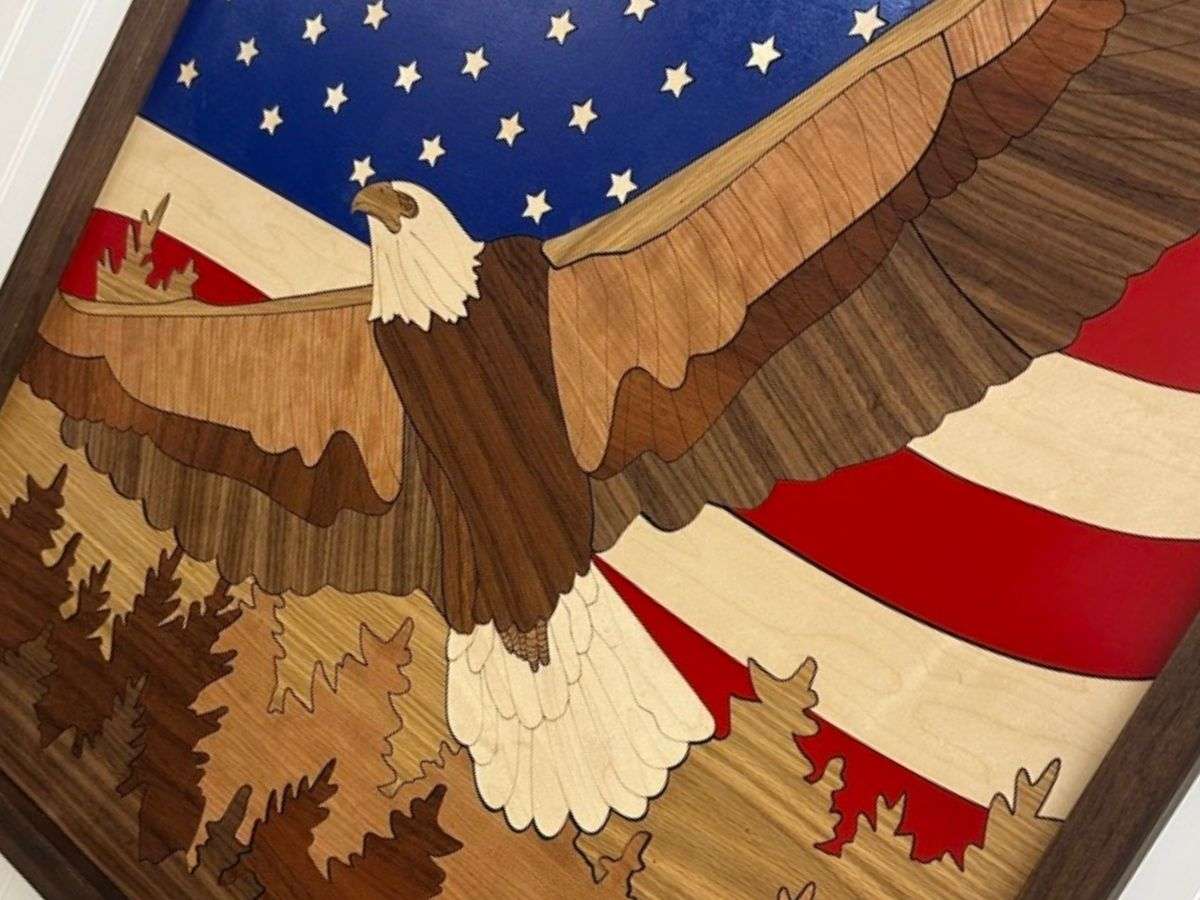 eagle-wall-art-american-flag-gray-shed Layered hardwood eagle wall art with American flag, handmade by The Gray Shed