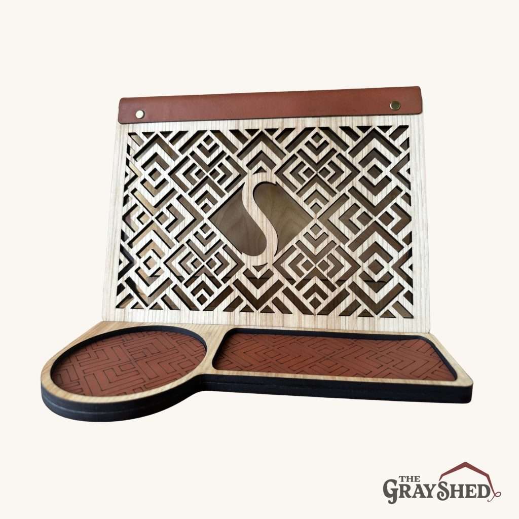 Geometric monogram book stand, shown in the light stain and leather combination. Personalized with the letter S cutout.