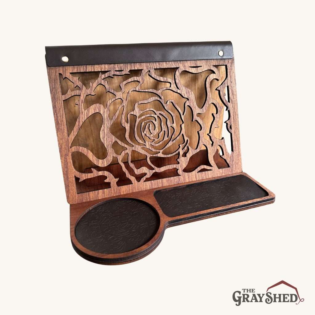 Rose design front book stand shown in Sapele/Mahogany wood with dark leather accents.