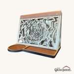 Rose design front book stand shown in Oak wood with light leather accents.