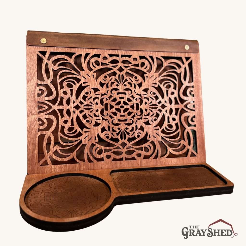 Main view of the classic front wood book stand valet with leather insert accents.