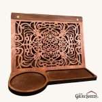 Main view of the classic front wood book stand valet with leather insert accents.