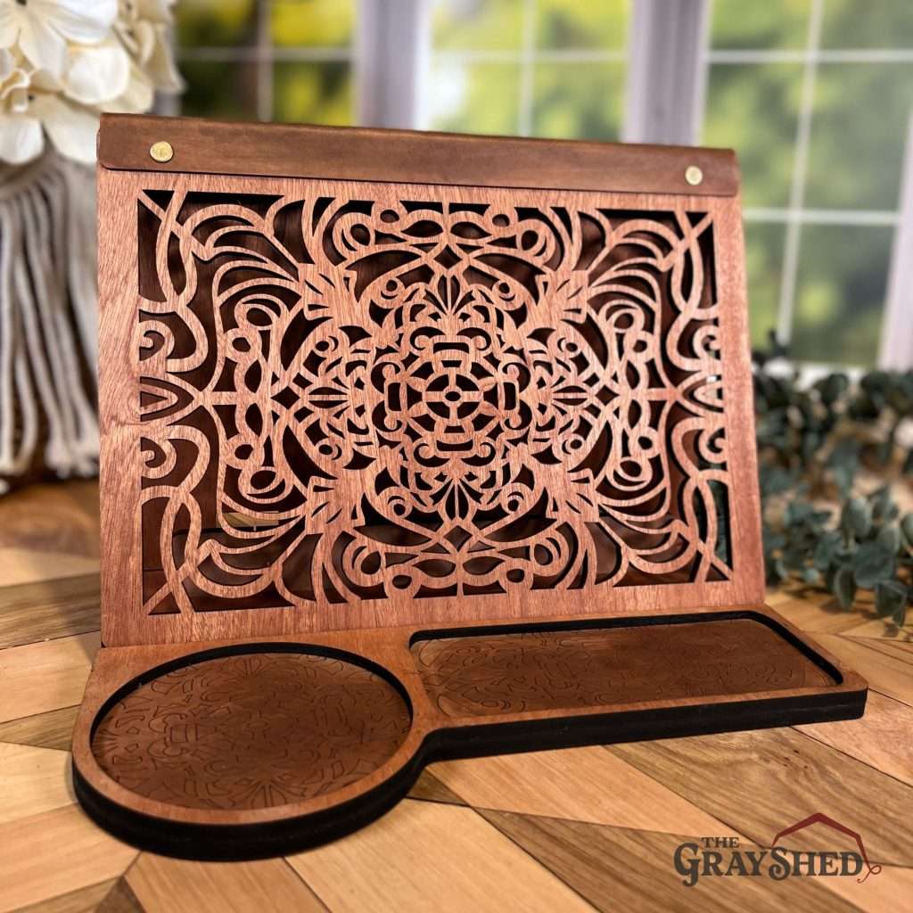Styled view of the classic front wood book stand when not in use.