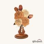 Wood flower bouquet, rose, engraved vase.