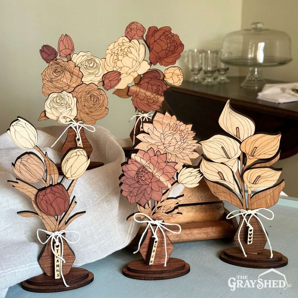 All options of wood floral bouquets - 5 different flowers are shown together