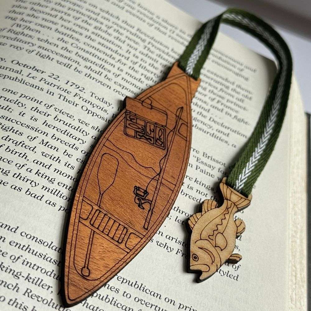 Gifts under $25 collection example, hobby theme bookmark, fishing bookmark with green tape ribbon